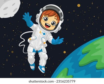 Vector illustration of an astronaut kid wearing full astronaut suit with helmet floating in space between earth and moon
