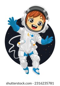 Vector illustration of an astronaut kid wearing full astronaut suit with helmet floating in space
