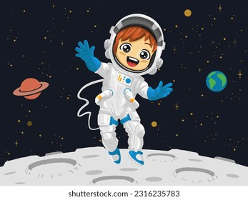 Vector illustration of an astronaut kid wearing full astronaut suit with helmet floating in space above the moon