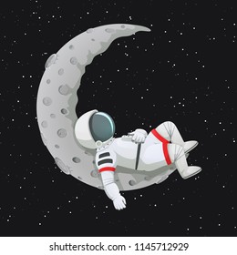 Vector illustration. Astronaut lying, relaxing, sleeping, resting on the crescent moon. Dark space and stars on the background.