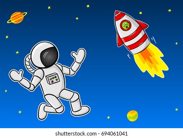 vector illustration of an astronaut meeting an alien in a space ship