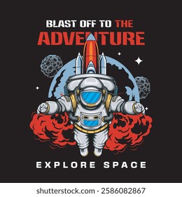 Vector Illustration of Astronaut with Meteor and Spacecraft in Detailed Vintage Illustration Available for Tshirt Design