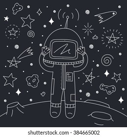 Vector Illustration of astronaut on asteroid. Space Collection.