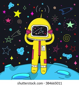 Vector Illustration of astronaut on asteroid. Space Collection.