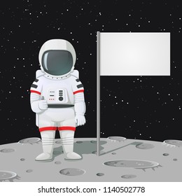 Vector illustration. Astronaut on the Moon surface giving thumbs up gesture. Dark space with stars on the background.