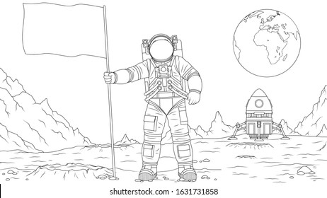 Vector illustration, astronaut on the moon sets the flag, coloring book.