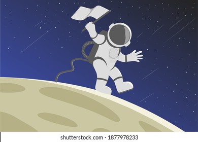 vector illustration of an astronaut on the moon, carrying a flag, with a background of a starry sky.  for posters, banners, display photos, and other commercial needs