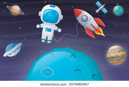 Vector illustration of astronaut on the planet scene