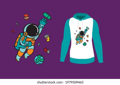 Vector Illustration Of An Astronaut On A Spacewalk. Garbage In Outer Space