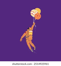 Vector illustration of an astronaut in an orange spacesuit flying balloons on a purple background. The funny illustration is perfect for a fantasy space design