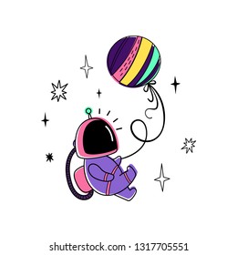 Vector illustration of an astronaut and a planet. Balloon. Doodle style.