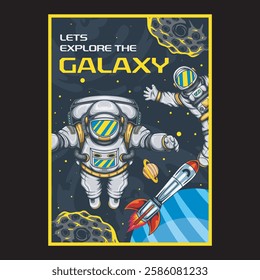 Vector Illustration of Astronaut with Planet, Spacecraft and Meteor in Detailed Vintage Illustration Available for Poster