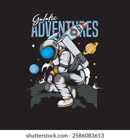 Vector Illustration of Astronaut with Planet and Spacecraft in Detailed Vintage Illustration Available for Tshirt Design