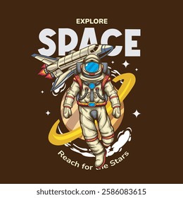 Vector Illustration of Astronaut with Planet and Spacecraft in Detailed Vintage Illustration Available for Tshirt Design