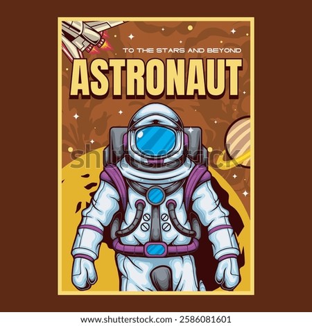 Vector Illustration of Astronaut with Planet and Spacecraft in Detailed Vintage Illustration Available for Poster