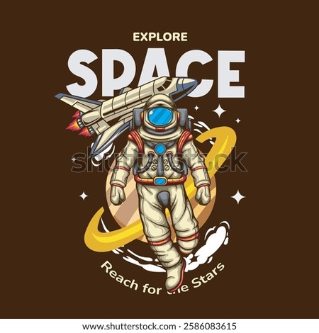 Vector Illustration of Astronaut with Planet and Spacecraft in Detailed Vintage Illustration Available for Tshirt Design