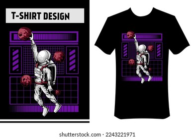 ilustración vectorial del astronauta jugando baloncesto en el espacio exterior con planetas, diseño vectorial moderno. perfecto para camisetas, ropa, ropa, pegatinas, carteles.