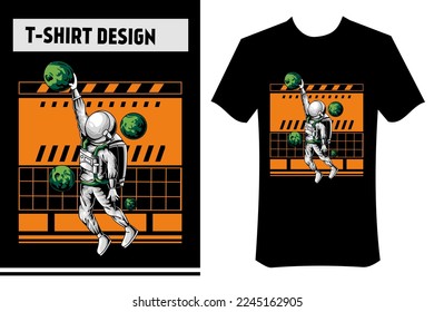 vector illustration of astronaut playing basketball in outer space with planets, modern vector design. perfect for t-shirts, apparel, clothes, stickers, posters.