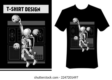 vector illustration of astronaut playing basketball in outer space with planets, modern vector design. perfect for t-shirts, apparel, clothes, stickers, posters.