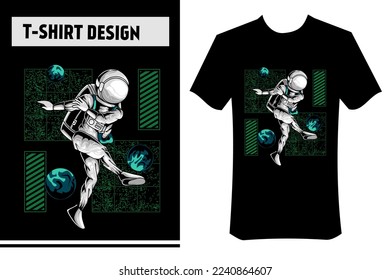 vector illustration of astronaut playing football in outer space, modern vector design. perfect for t-shirts, apparel, clothes, stickers, posters.