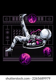 vector illustration of astronaut playing football in outer space, modern vector design. perfect for t-shirts, apparel, clothes, stickers, posters.