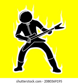 Vector illustration of astronaut playing guitar in silhouette design with yellow background. Can be used as logo, brand, mascots, tattoo, and profile picture