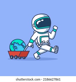 vector illustration of an astronaut pulling a toy train containing planet earth , cute flat vector illustration