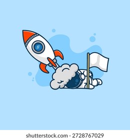 Ilustración vectorial de un astronauta levantando una bandera blanca en un gesto de rendición después de ser dejado atrás por un cohete que ya ha lanzado.