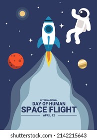 Vector illustration of an astronaut and a rocket launching into space, as a banner, poster or template for International Human Space Flight Day.