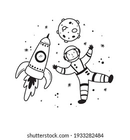 Vector illustration. Astronaut, rocket and the moon in doodle style. Space related objects on white background. Kids room poster. 