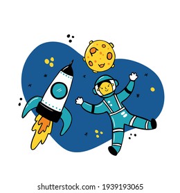 Vector illustration. Astronaut, rocket and the moon in doodle style. Space related objects on white background. Kids room poster. 