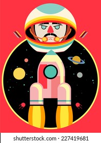 Vector illustration of astronaut and rocket on space backdrop