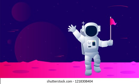 Vector illustration of astronaut running holding a flag