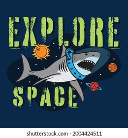 Vector illustration of astronaut shark and space typography 