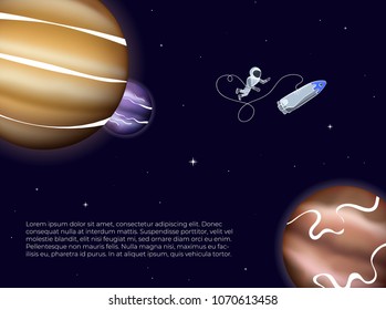 Vector illustration of astronaut with ship floating in space. Planet exploration and achievement concept flyer, card with text place. Doodle cartoon outline space symbols.