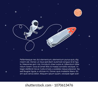 Vector illustration of astronaut with ship floating in space. Planet exploration and achievement concept flyer, card with text place. Doodle cartoon outline space symbols.