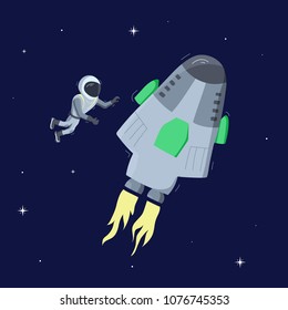 Vector illustration of astronaut with ship floating in space. Planet exploration and achievement concept flyer, card with text place. Doodle cartoon outline space symbols.