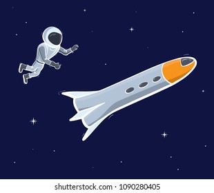 Vector illustration of astronaut with ship floating in space. Planet exploration and achievement concept flyer, card with text place. Doodle cartoon outline space symbols.