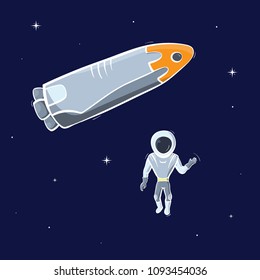 Vector illustration of astronaut with ship floating in space. Planet exploration and achievement concept flyer, card with text place. Doodle cartoon outline space symbols.