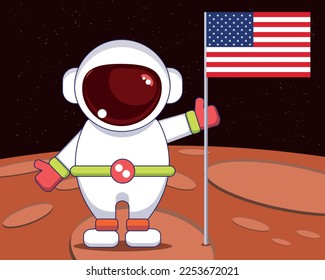 vector illustration of an astronaut showing the american flag standing on a red planet