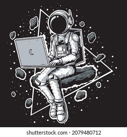 vector illustration of astronaut sit on asteroid using laptop