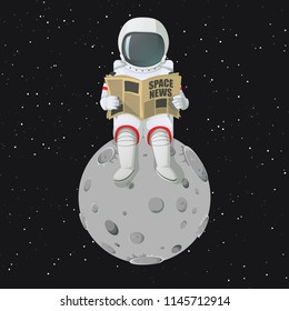 Vector illustration. Astronaut sitting on the moon reading newspaper. Dark space and stars on the background.