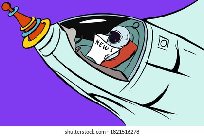 Vector illustration. Astronaut sitting in rocket and  reading a newspaper