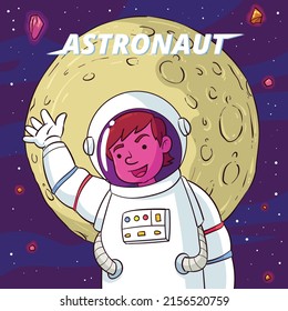 
vector illustration of an astronaut in space. In the background you can see the moon and the dark sky.