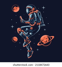 Vector illustration of an astronaut in space between stars and planets 
