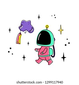 Vector illustration of an astronaut in space, with space food. Doodle style.
