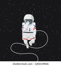 Vector illustration. Astronaut in space with hand touching helmet, expressing shame or sadness. Facepalm. Dark space with stars in a background.