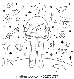 Vector illustration of astronaut in space on asteroid. Line illustration on white background.