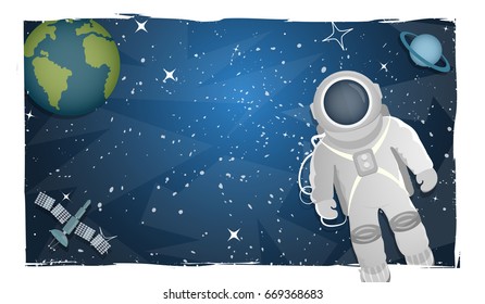 Vector illustration of an astronaut in space on a background of planets with space for text