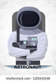 Vector illustration of an astronaut in a space suit with helmet and equipment, arms crossed. Futuristic flat style character isolated on a light polygonal background.